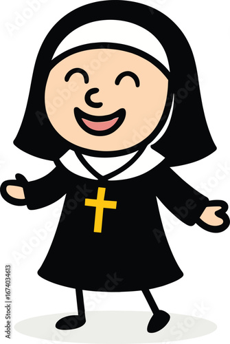 Happy cartoon nun with a wide smile, welcoming and cheerful character illustration, isolated vector on a white background.