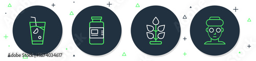 Set line Collagen serum, Plant, Fresh smoothie and Facial cosmetic mask icon. Vector
