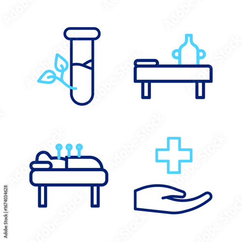 Set line Cross hospital medical, Acupuncture therapy, Massage table with oil and Laboratory glass and leaves icon. Vector