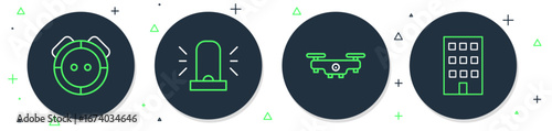 Set line Flasher siren, Drone flying, Robot vacuum cleaner and House icon. Vector
