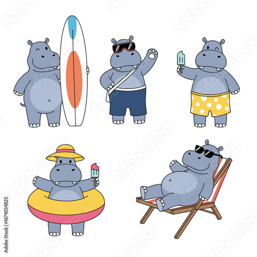 Adorable hippopotamus characters enjoying a fun summer vacation and beach activities with a beach ball ice cream and surfboard