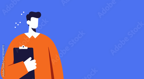 Flat design illustration of a professional holding a clipboard, looking thoughtful on a blue background. Ideal for business, education, or task management concepts.