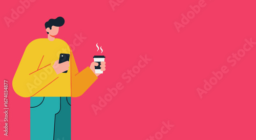 Stylized illustration of a person holding a smartphone and a hot coffee cup, representing modern communication, daily routine, and digital lifestyle.