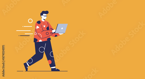 Dynamic illustration of a man walking and working on a laptop, symbolizing remote work, mobile productivity, and modern business efficiency.