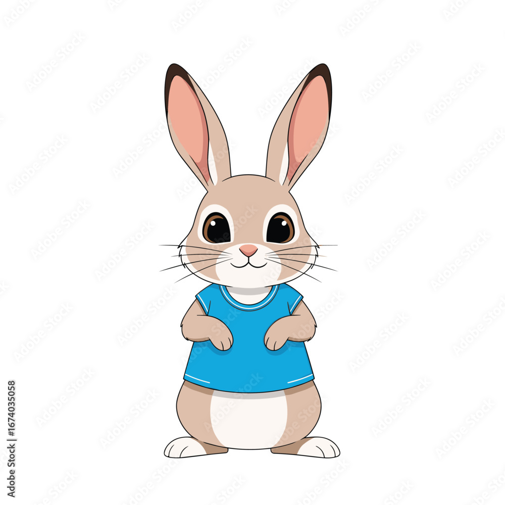 Fototapeta premium Adorable cartoon rabbit wearing a blue t shirt standing and looking forward with a happy expression