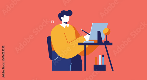 Creative professional working on a laptop with a stylus, representing remote work, digital art, or online education. Ideal for business, technology, and lifestyle concepts.