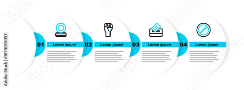 Set line Ban, Vote box, Raised hand with clenched fist and Lying burning tires icon. Vector