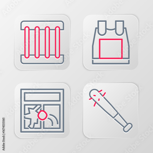 Set line Baseball bat with nails, Broken window, Bulletproof vest and Prison icon. Vector
