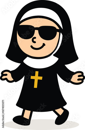 Cool cartoon nun with sunglasses walking and smiling, a happy religious character illustration isolated on a white background.