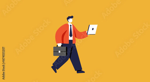 A modern business professional walking purposefully with a laptop and briefcase, symbolizing remote work, productivity, and contemporary corporate life.