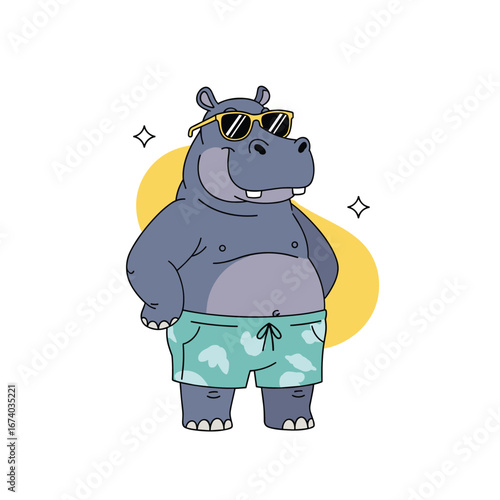 Cool hippopotamus character wearing sunglasses and swim trunks enjoying a sunny day outdoors