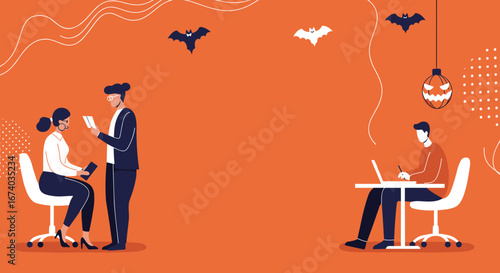 Business professionals collaborate and work independently in a modern office, subtly decorated with Halloween elements for a festive autumn atmosphere, ideal for seasonal business themes.