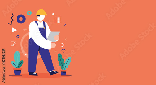 Professional worker in hard hat and overalls, holding a clipboard. Represents construction, engineering, project management, and safety in a modern industry setting.