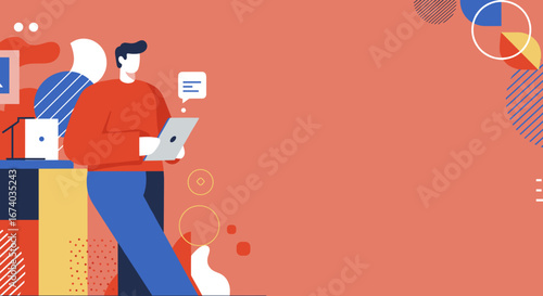 Modern illustration of a man engaged with a laptop, reflecting digital communication, remote work, and online productivity. Ideal for technology, business, or lifestyle content.