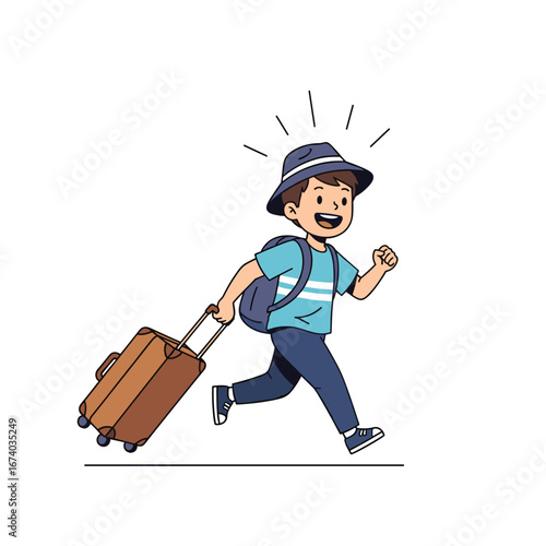 Excited young boy rushing forward with his brown rolling suitcase ready for an adventure