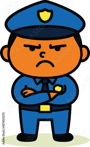 Angry police officer with arms crossed, staring directly at the camera, cartoon character illustration, isolated vector on a white background.