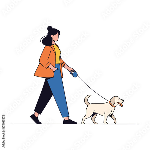 A woman walks her happy dog on a leash enjoying a sunny outdoor day together
