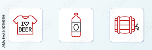 Set line Wooden barrel on rack, Beer T-shirt and Plastic beer bottle icon. Vector