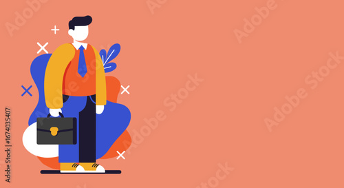 Modern illustration of a confident professional man holding a briefcase, ideal for business, career development, new job opportunities, or finance concepts.