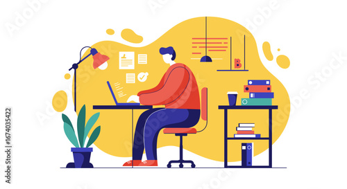Focused person working on a laptop at a modern, organized desk. Ideal for concepts of remote work, online learning, business productivity, and freelancer lifestyle.