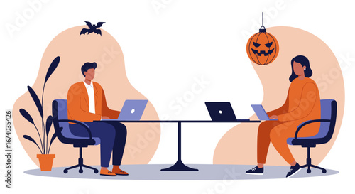 Two colleagues work productively on laptops in a festive office, decorated with Halloween elements like a bat and pumpkin lantern, blending business with seasonal spirit.