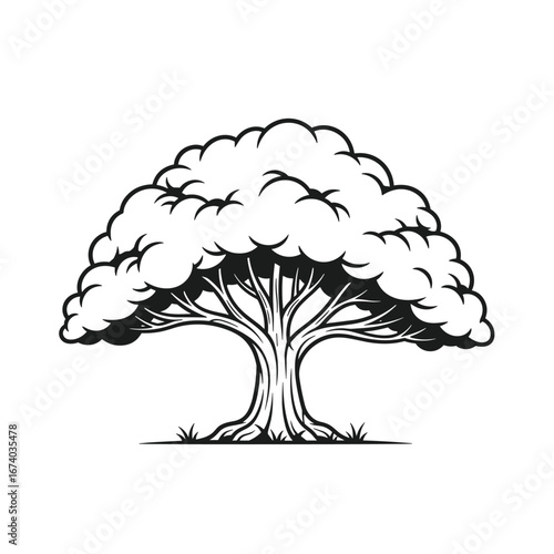 A majestic stylized oak tree silhouette with a spreading canopy and rooted trunk symbolizing growth and stability