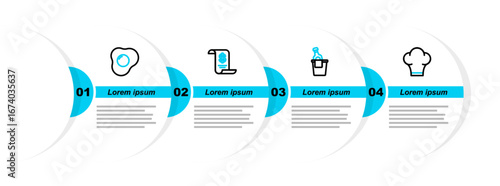 Set line Chef hat, Champagne in an ice bucket, Paper or financial check and Scrambled eggs icon. Vector