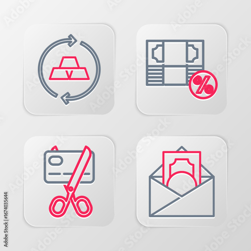 Wallpaper Mural Set line Envelope with dollar symbol, Scissors cutting credit card, Money percent and Gold bars icon. Vector Torontodigital.ca