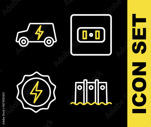 Set line Electrical outlet, Hydroelectric dam, Lightning bolt and car icon. Vector