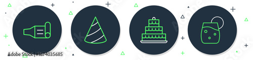 Set line Party hat, Cake with burning candles, Birthday party horn and Cocktail icon. Vector