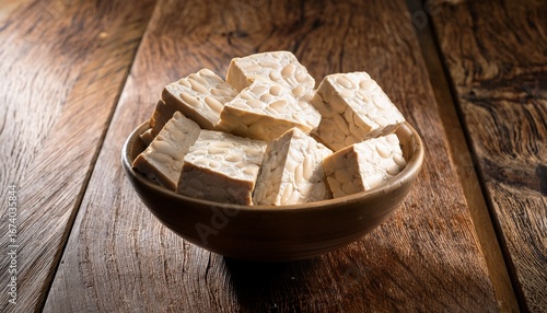 Wallpaper Mural bowl of fresh tempeh pieces on a wooden table Torontodigital.ca