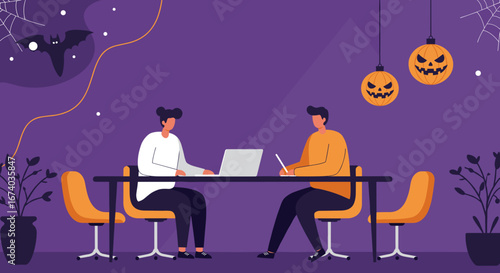 Colleagues collaborate in a festive, Halloween-decorated office. One uses a laptop, the other writes, blending work with holiday spirit. Ideal for business and lifestyle themes.