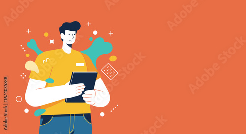 Smiling young man holding a tablet, surrounded by vibrant abstract elements on an orange background. Perfect for modern business, education, or lifestyle concepts.