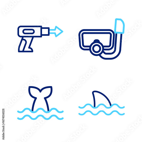 Set line Shark, Whale tail, Diving mask with snorkel and Fishing harpoon icon. Vector