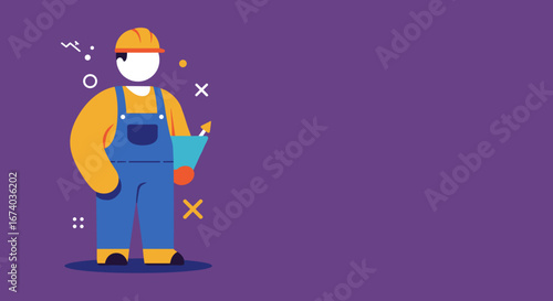 Flat design illustration of a skilled worker in a hard hat and overalls holding blueprints, representing construction, engineering, and labor. Ideal for business, industry, and career concepts.