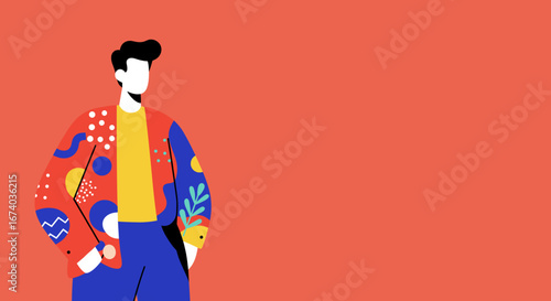 Stylish man in a vibrant, abstract-patterned jacket, embodying modern fashion, creativity, and individuality. Ideal for lifestyle and design concepts.