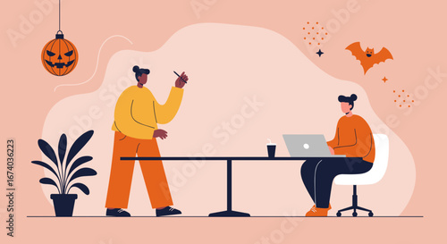 Two colleagues collaborate and work in a modern office, featuring subtle Halloween decorations. Ideal for business, creative projects, or seasonal corporate communications.
