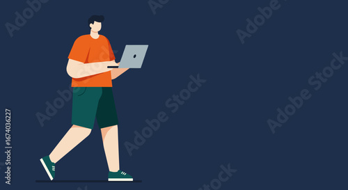Casual young man walking with a laptop, symbolizing remote work, digital connectivity, and modern mobile lifestyle. Ideal for business or technology themes.