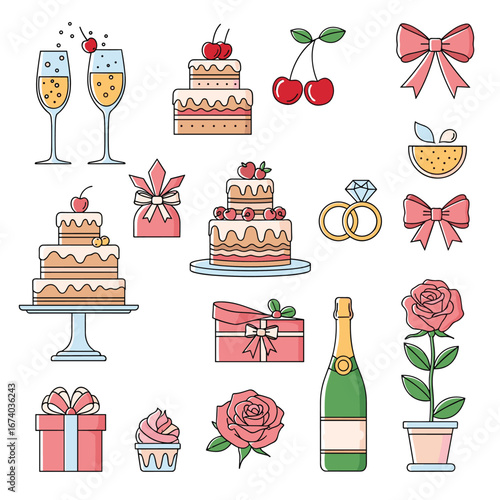 Elegant wedding celebration elements including cakes champagne flutes rings and floral decorations