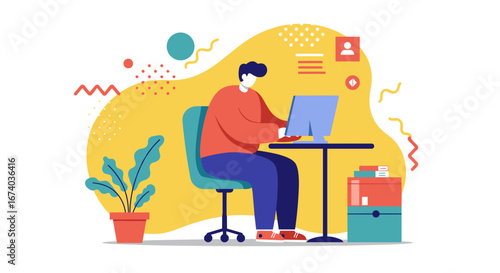 A focused man works diligently at his computer in a vibrant, modern workspace. Ideal for business, remote work, online learning, and digital lifestyle concepts.