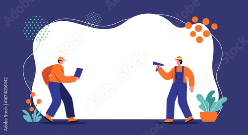 Illustration of two workers, one with a tablet and one with a tool, collaborating around an empty copy space. Ideal for business, construction, or service themes.