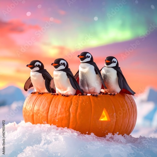 A whimsical group of four adorable penguins celebrating a fantasy Halloween on a glowing jack-o'-lantern in a snowy arctic landscape