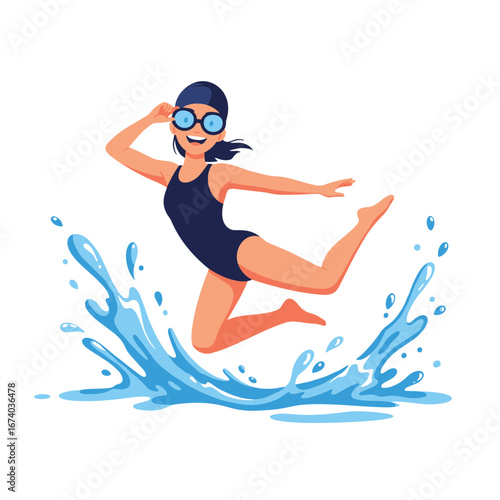 Energetic young woman in swimsuit joyfully leaping out of blue water splash wearing swimming goggles and cap
