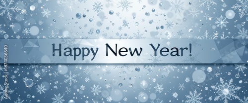 Happy New Year greeting with snowflakes and bubbles on frosty blue background.