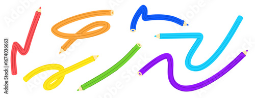 Vector illustration set of cute twisted pencils in rainbow colours. Abstract tangled writing pens in cartoon style. Simple flat icons for school and children.