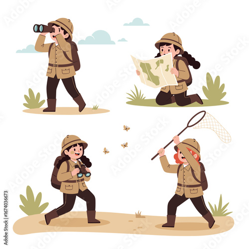 Young explorers discover nature with binoculars map and net on an outdoor adventure journey