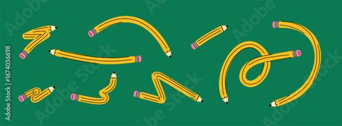 Vector illustration set of cute simple graphite twisted pencils. Abstract tangled writing pens in cartoon style. Simple flat icons for school and children.