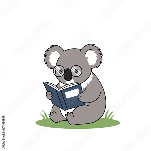 A cute koala wearing glasses enjoys reading a book while sitting on the grass