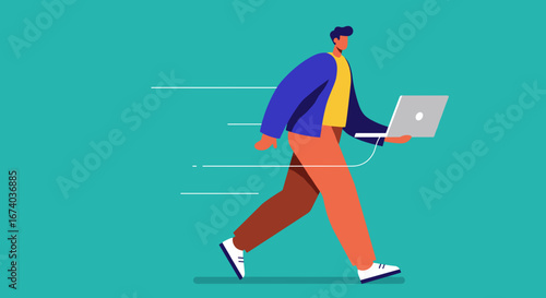 Dynamic illustration of a man walking swiftly while working on a laptop, symbolizing mobile productivity and efficient remote work. Ideal for business, technology, and lifestyle themes.