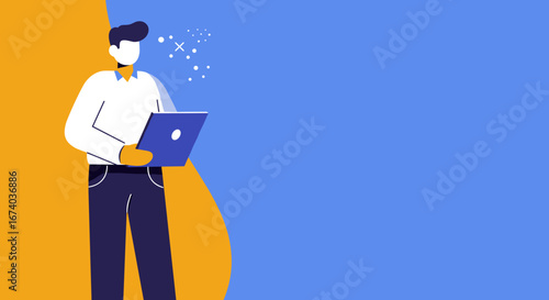 Stylish flat illustration of a man working on a laptop, symbolizing innovation, digital solutions, and creative ideas for business and technology.